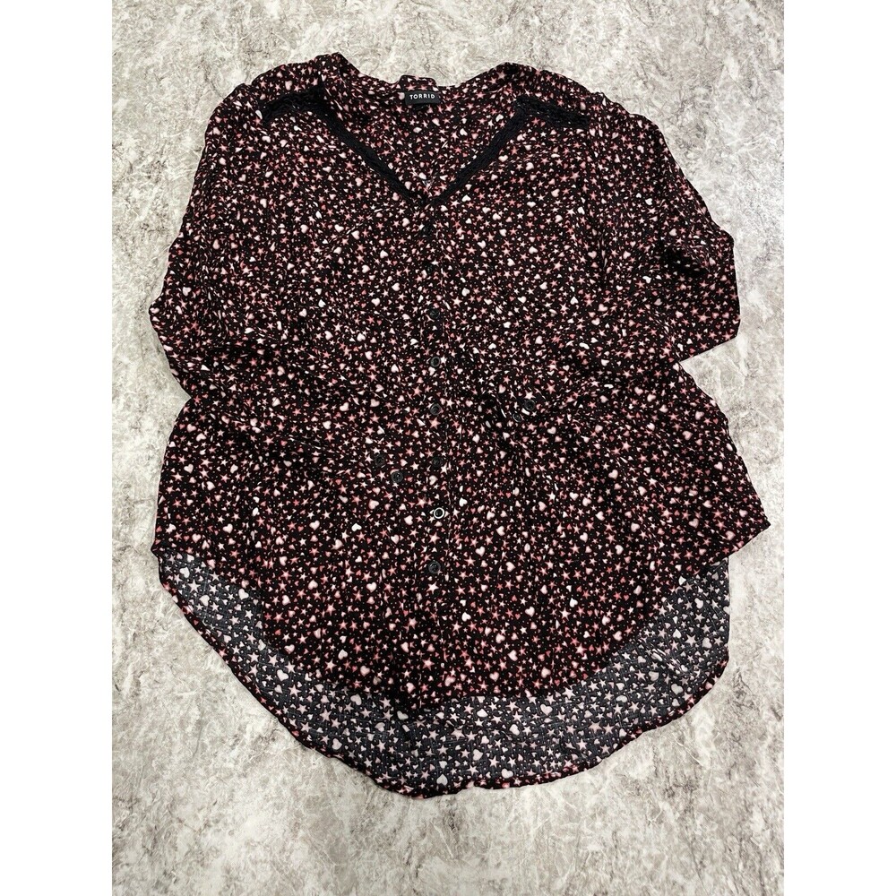 Torrid Emma Babydoll Rayon Slub Lace Trim Tunic Top Star/Heart Print Plus Size 0